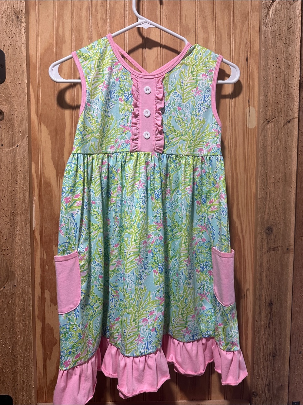 Girls Pink & Seafoam Floral Ruffle Pocket Dress - Sleeveless Summer Dress